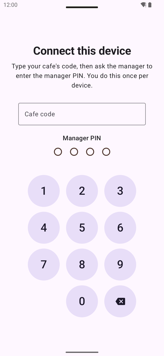 The Android waiter app: Connect this device, with the cafe code and manager PIN