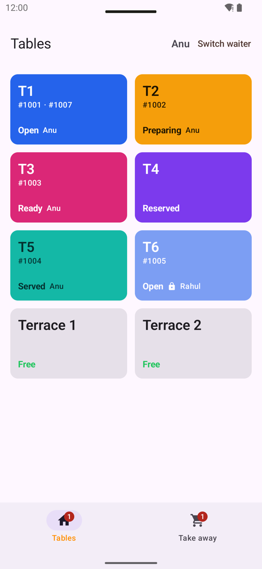 The Android tables screen