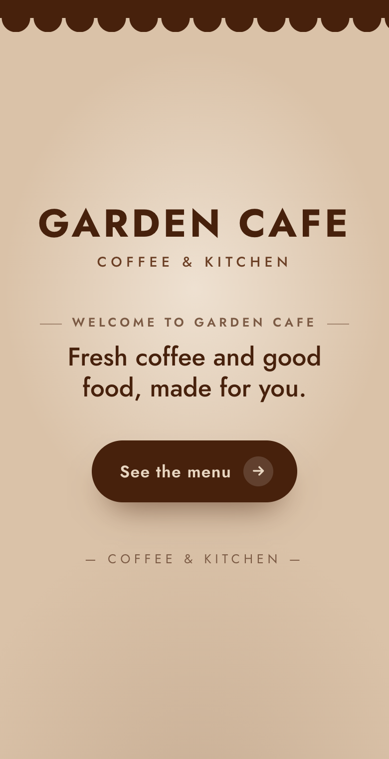 The cafe's home page with its logo and a See the menu button