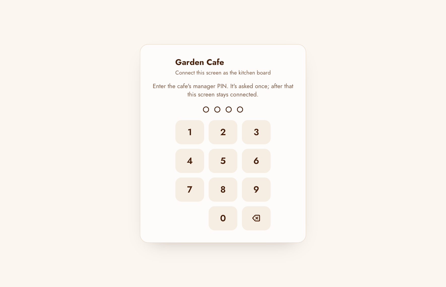 The web kitchen board asking for the manager PIN