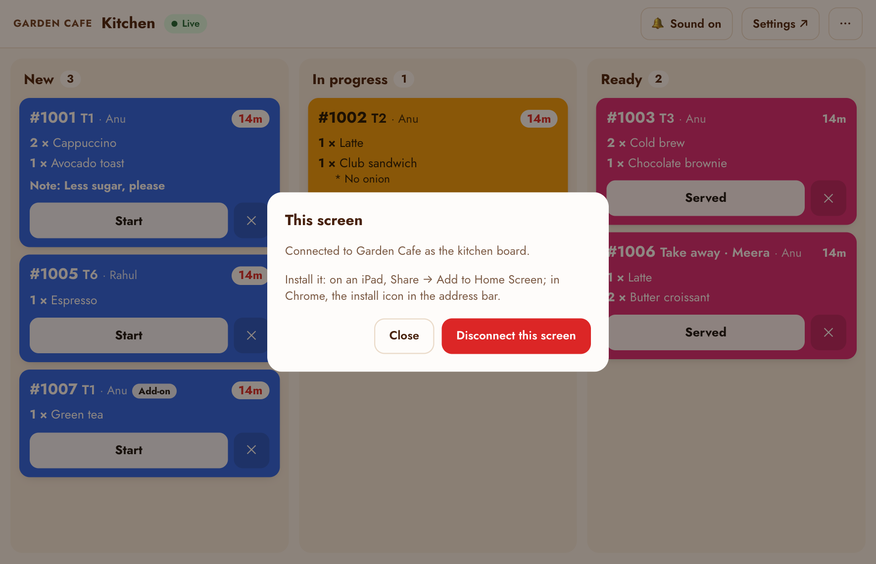 This screen: connected cafe and Disconnect