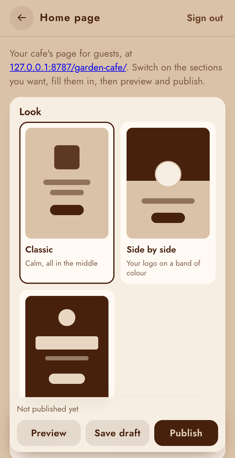 Home page: the three looks and the Preview, Save draft and Publish buttons