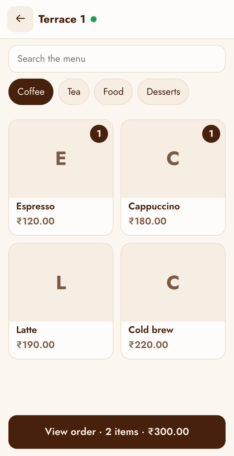 The menu with items added