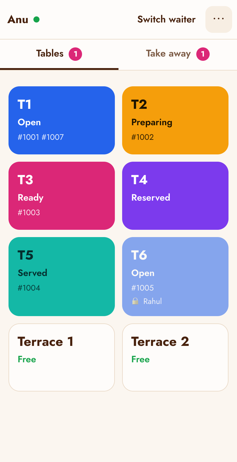 The web tables screen with free, sent, preparing, ready and served tables